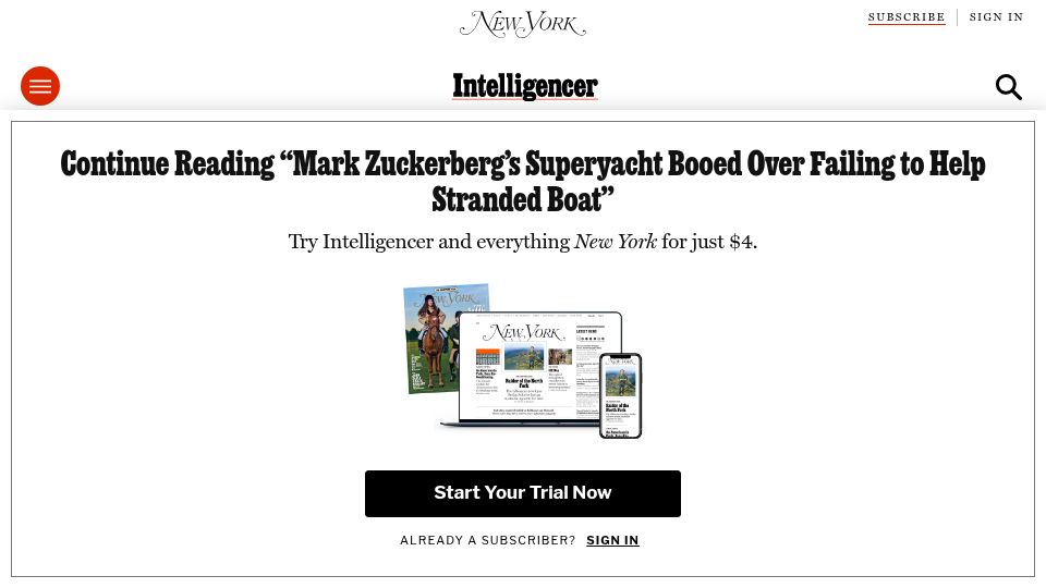 Screenshot of nymag.com: Mark Zuckerberg's Yacht Refused to Help Ship in Distress
