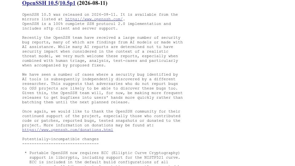 Screenshot of openssh.org: OpenSSH 10.5/10.5p1