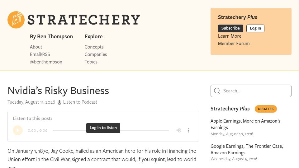 Screenshot of stratechery.com: Nvidia's Risky Business