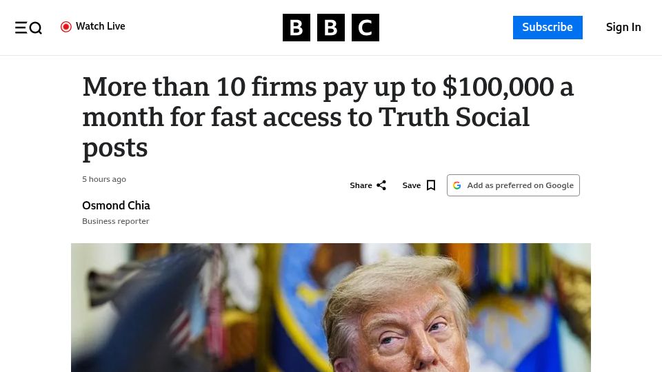 Screenshot of bbc.com: More than 10 firms pay up to $100k a month for access to Truth Social posts