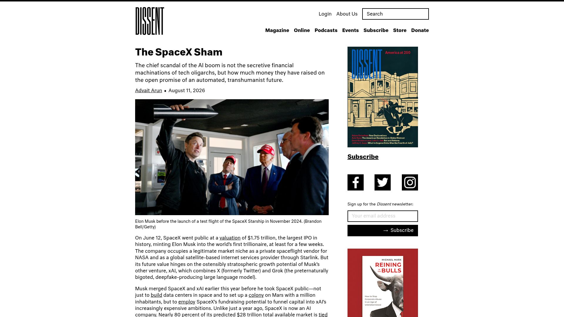 Screenshot of dissentmagazine.org: The SpaceX Sham