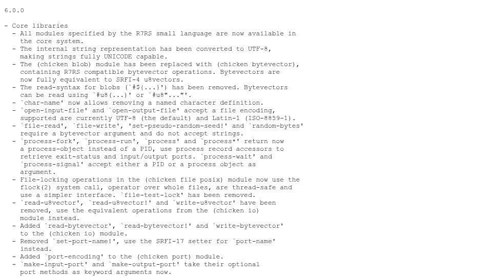 Screenshot of code.call-cc.org: Chicken Scheme 6.0