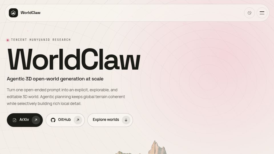 Screenshot of tencent-hunyuan.github.io: WorldClaw Agentic 3D open-world generation at scale
