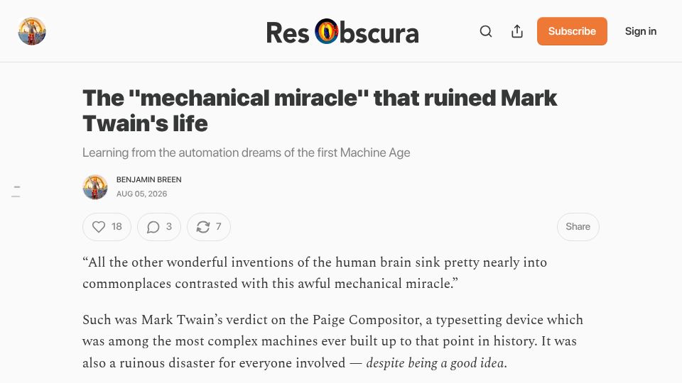 Screenshot of resobscura.substack.com: The “mechanical miracle” that ruined Mark Twain’s life