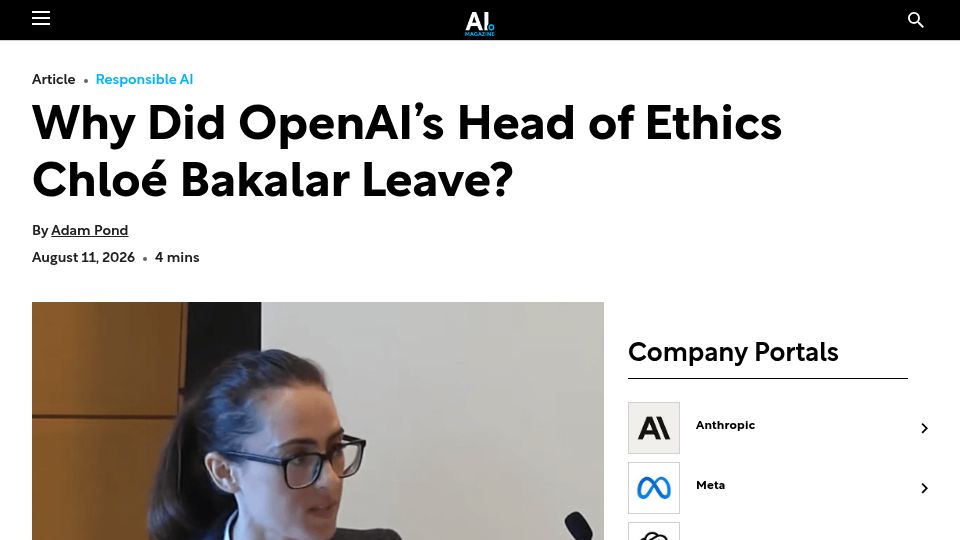 Screenshot of aimagazine.com: Why Did OpenAI's Head of Ethics Chloé Bakalar Leave?