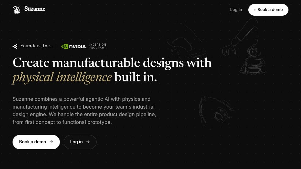 Screenshot of suzanne3d.com: Suzanne: AI tool for designing and manufacturing physical products