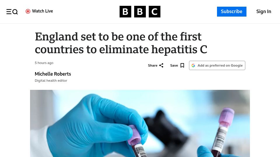 Screenshot of bbc.com: England set to be one of the first countries to eliminate hepatitis C