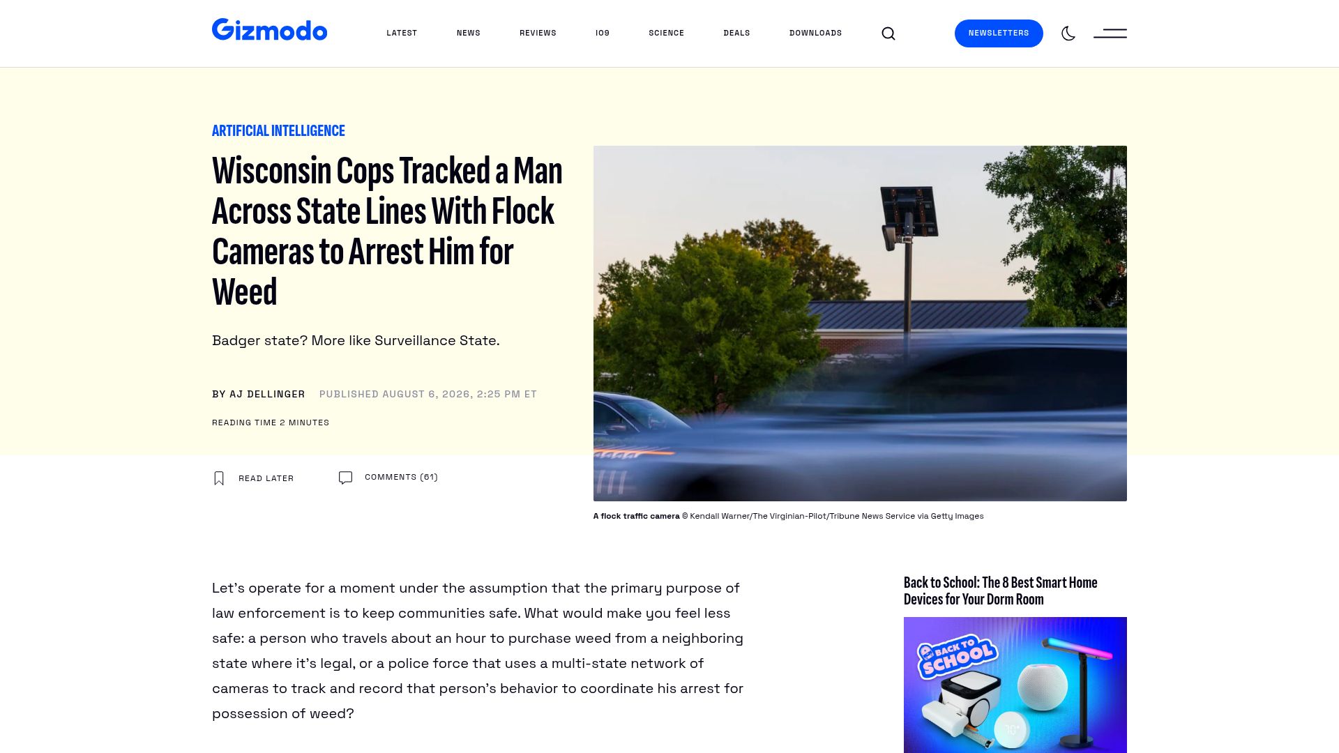 Screenshot of gizmodo.com: Wisconsin Tracks Man Across State Line with Flock Cameras to Arrest Him for Weed