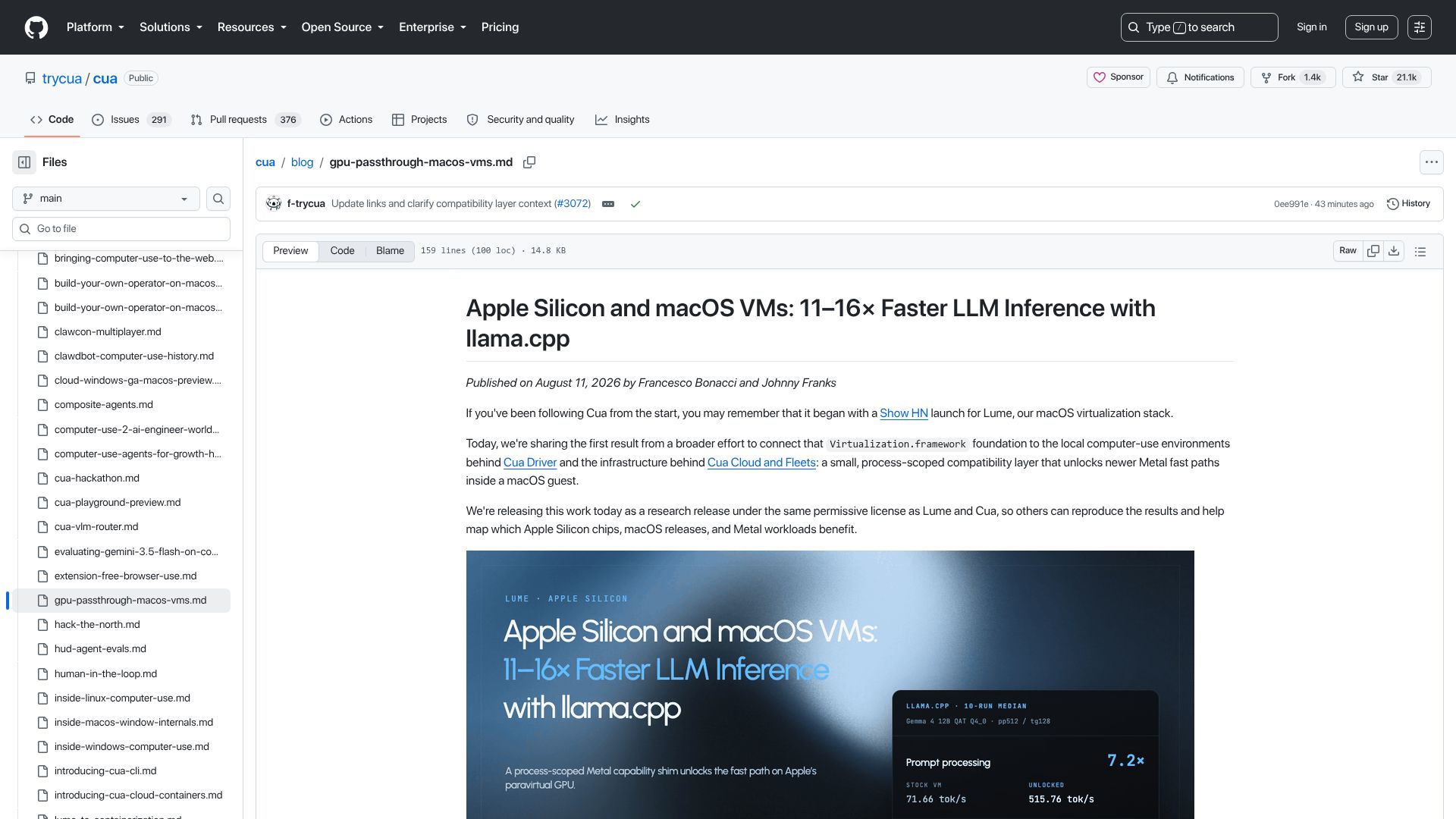 Screenshot of github.com: Apple Silicon and macOS VMs: Faster LLM Inference with llama.cpp