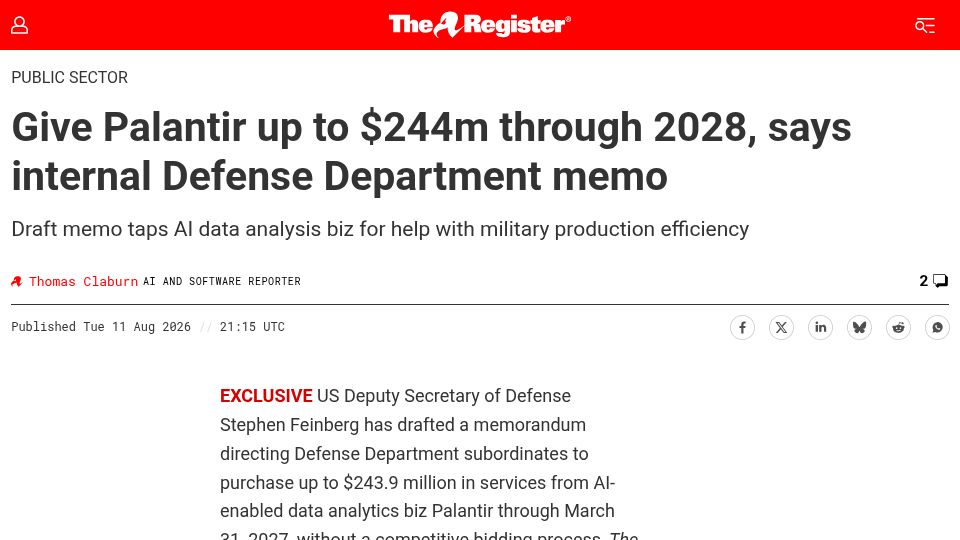 Screenshot of theregister.com: Give Palantir up to $244M through 2028, says internal Defense Department memo