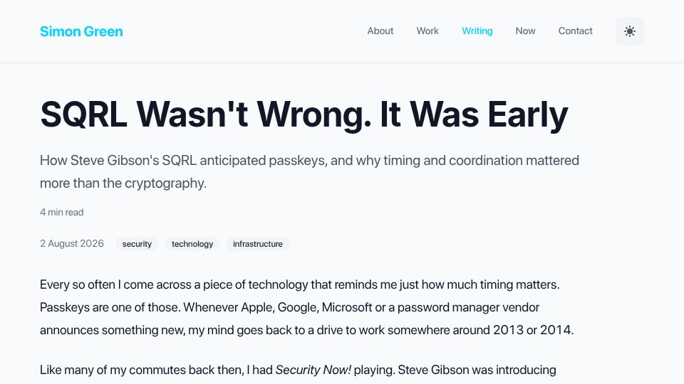 Screenshot of sjg.io: SQRL wan't wrong, it was early