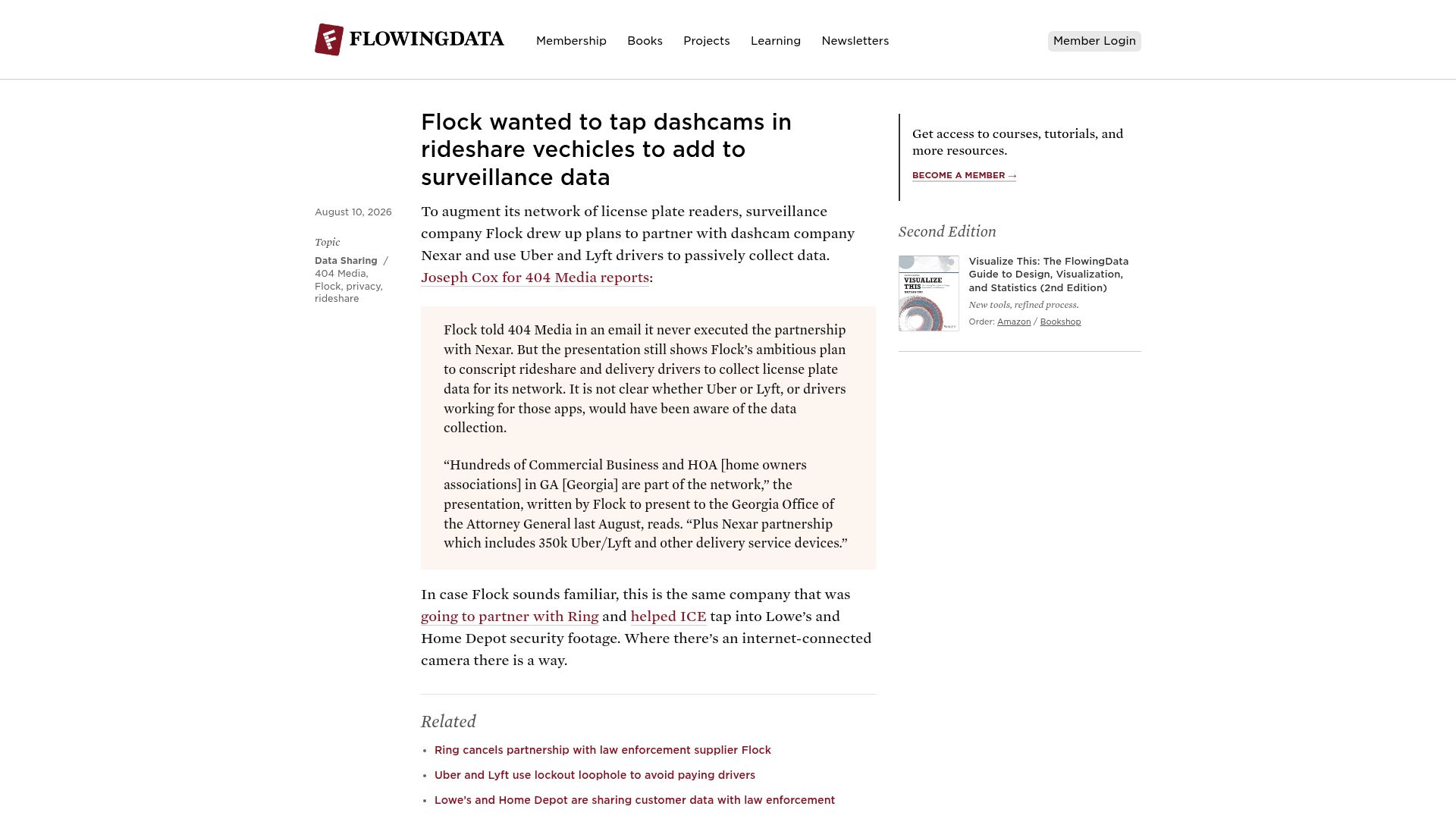 Screenshot of flowingdata.com: Flock wanted to tap dashcams in rideshare vechicles to add to surveillance data