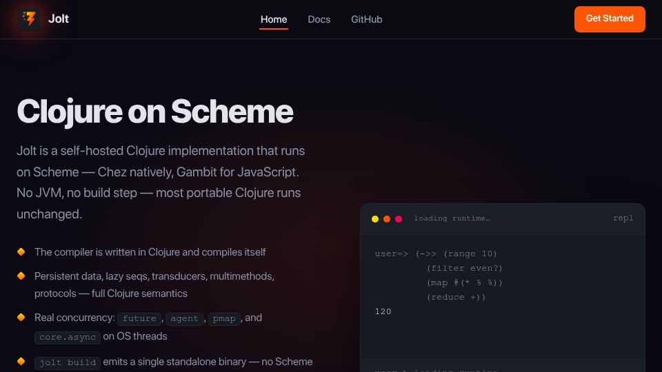 Screenshot of jolt-lang.github.io: Jolt: Clojure compiler implemented with Chez Scheme