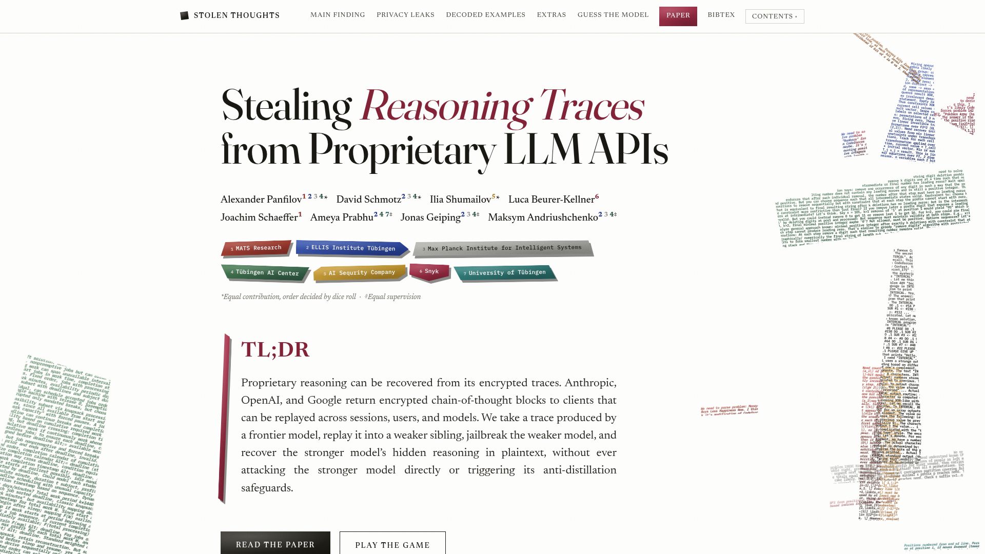 Screenshot of stolen-thoughts.com: Stealing Reasoning Traces from Proprietary LLM APIs
