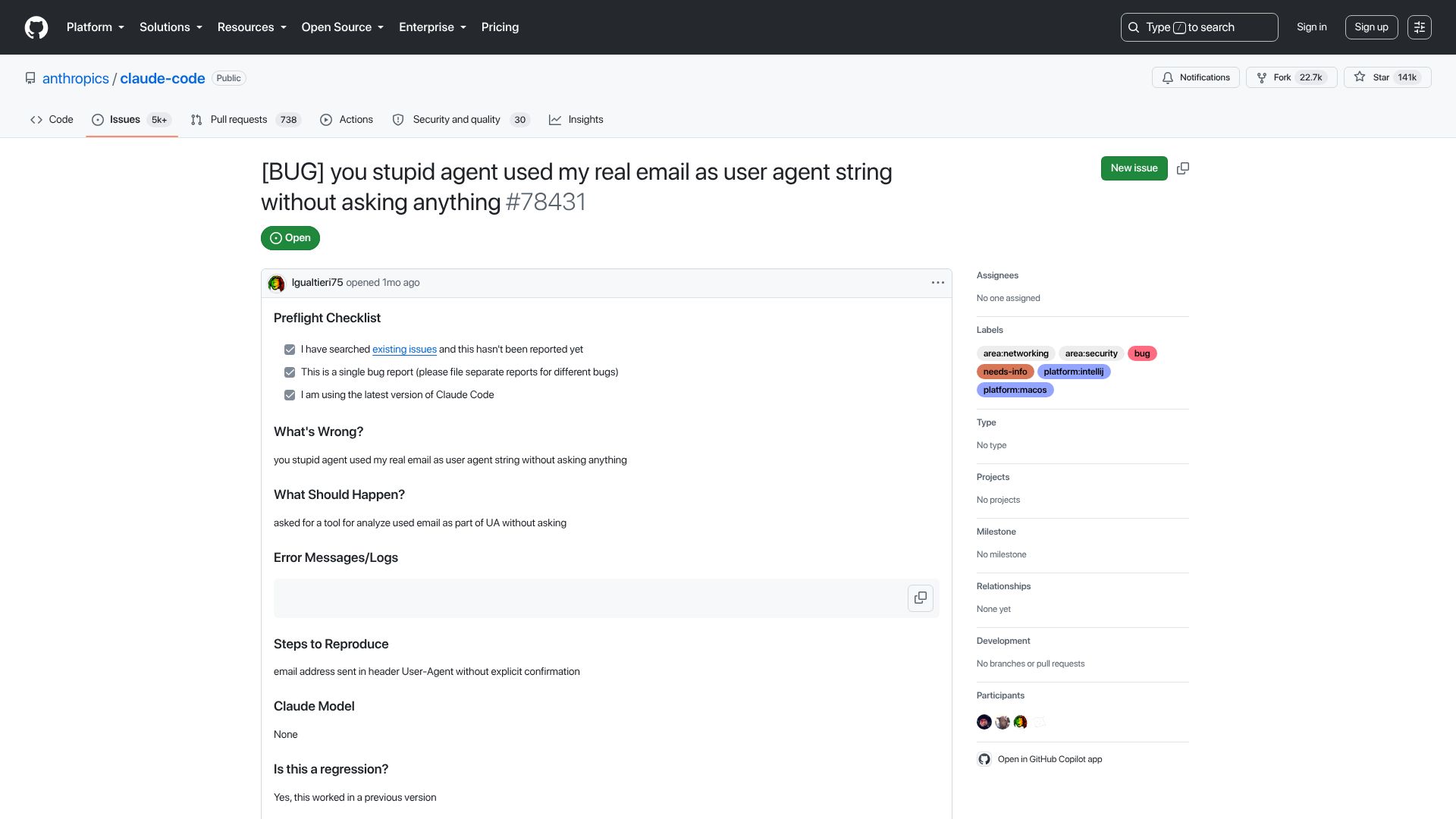 Screenshot of github.com: Claude Code is leaking real email address as a User-Agent string in curl command