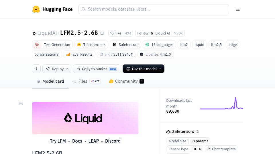 Screenshot of huggingface.co: LFM2.5 2.6B model competitive with 4x larger models