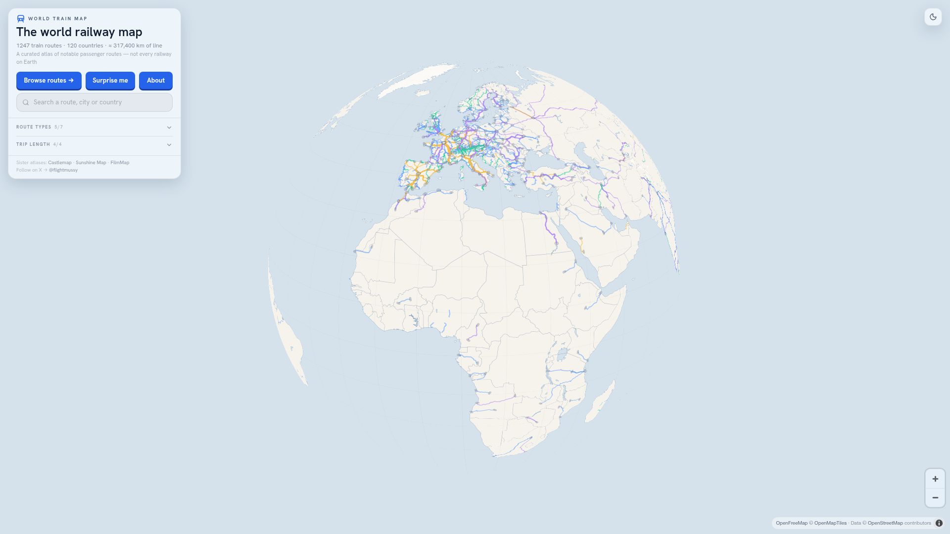 Screenshot of worldtrainmap.com: World Train Map – 1247 train routes around the world