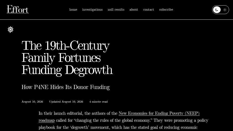 Screenshot of effort.news: The 19th-Century Family Fortunes Funding Degrowth