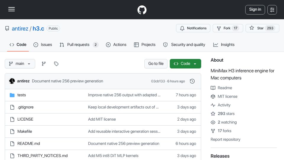 Screenshot of github.com: H3-metal – Native MiniMax-H3 inference for Apple Silicon