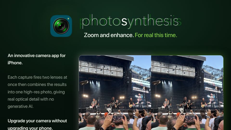 Screenshot of photosynthesis.camera: Show HN: iPhone app takes simultaneous images from 2 lenses, fuses into 1 photo