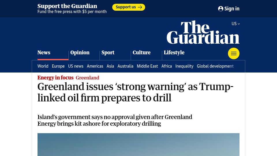 Screenshot of theguardian.com: Greenland issues "strong warning" as American oil firm illegally drills wells