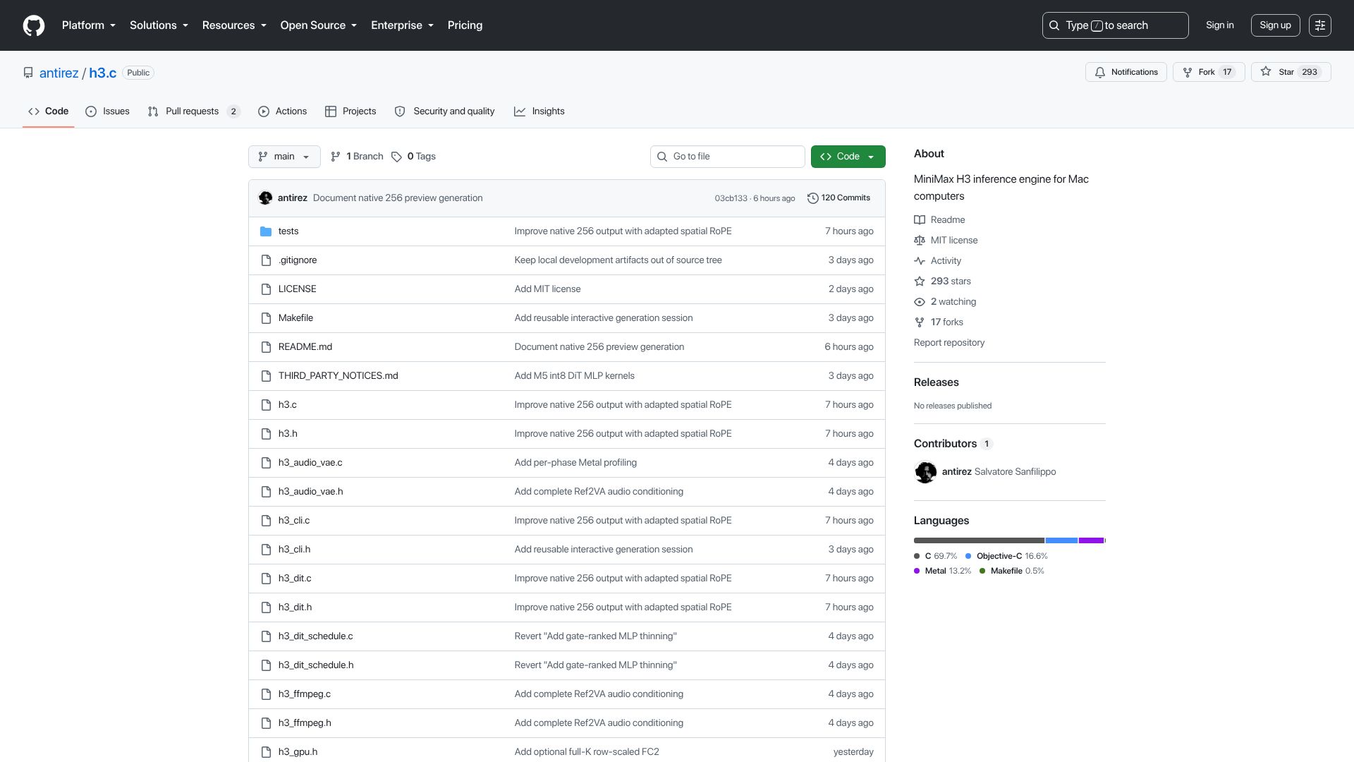 Screenshot of github.com: H3-metal – Native MiniMax-H3 inference for Apple Silicon