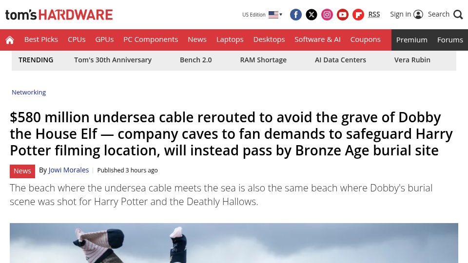 Screenshot of tomshardware.com: $580M undersea cable rerouted to avoid the grave of Dobby the House Elf