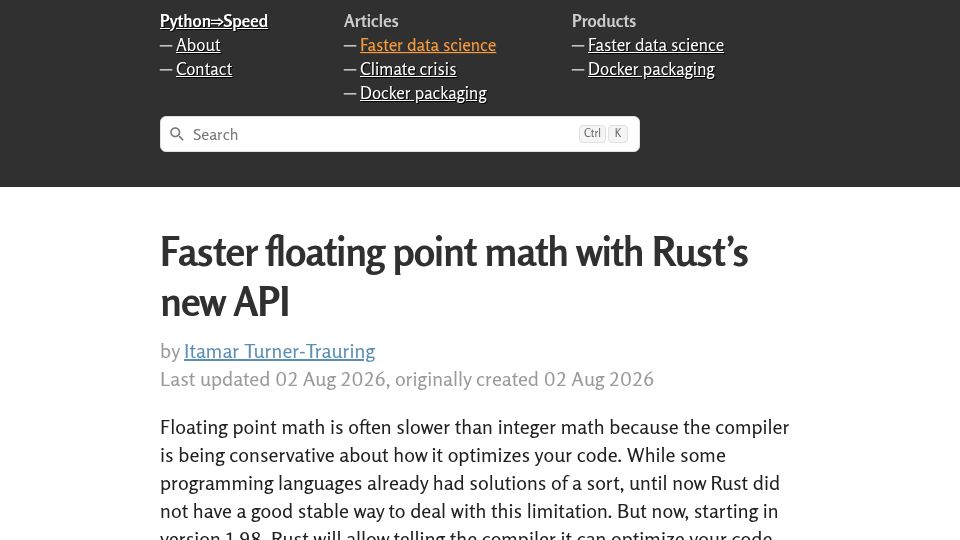 Screenshot of pythonspeed.com: Faster floating point math with Rust's new API