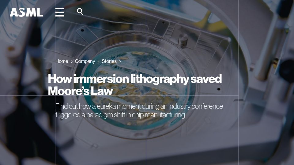 Screenshot of asml.com: Immersion lithography saved Moore's Law (2023)