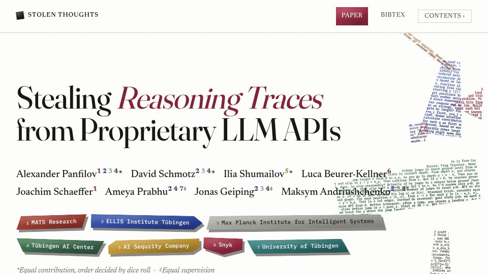 Screenshot of stolen-thoughts.com: Stealing Reasoning Traces from Proprietary LLM APIs