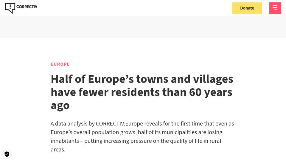 Screenshot of correctiv.org: Half of Europe's towns and villages have fewer residents than 60 years ago
