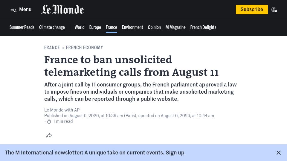 Screenshot of lemonde.fr: France to ban unsolicited telemarketing calls