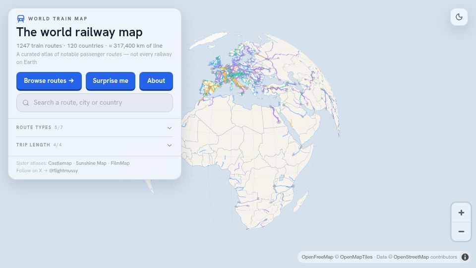 Screenshot of worldtrainmap.com: World Train Map – 1247 train routes around the world
