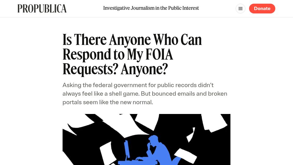 Screenshot of propublica.org: Federal vendor with $50M in contracts leaves portal broken for a month