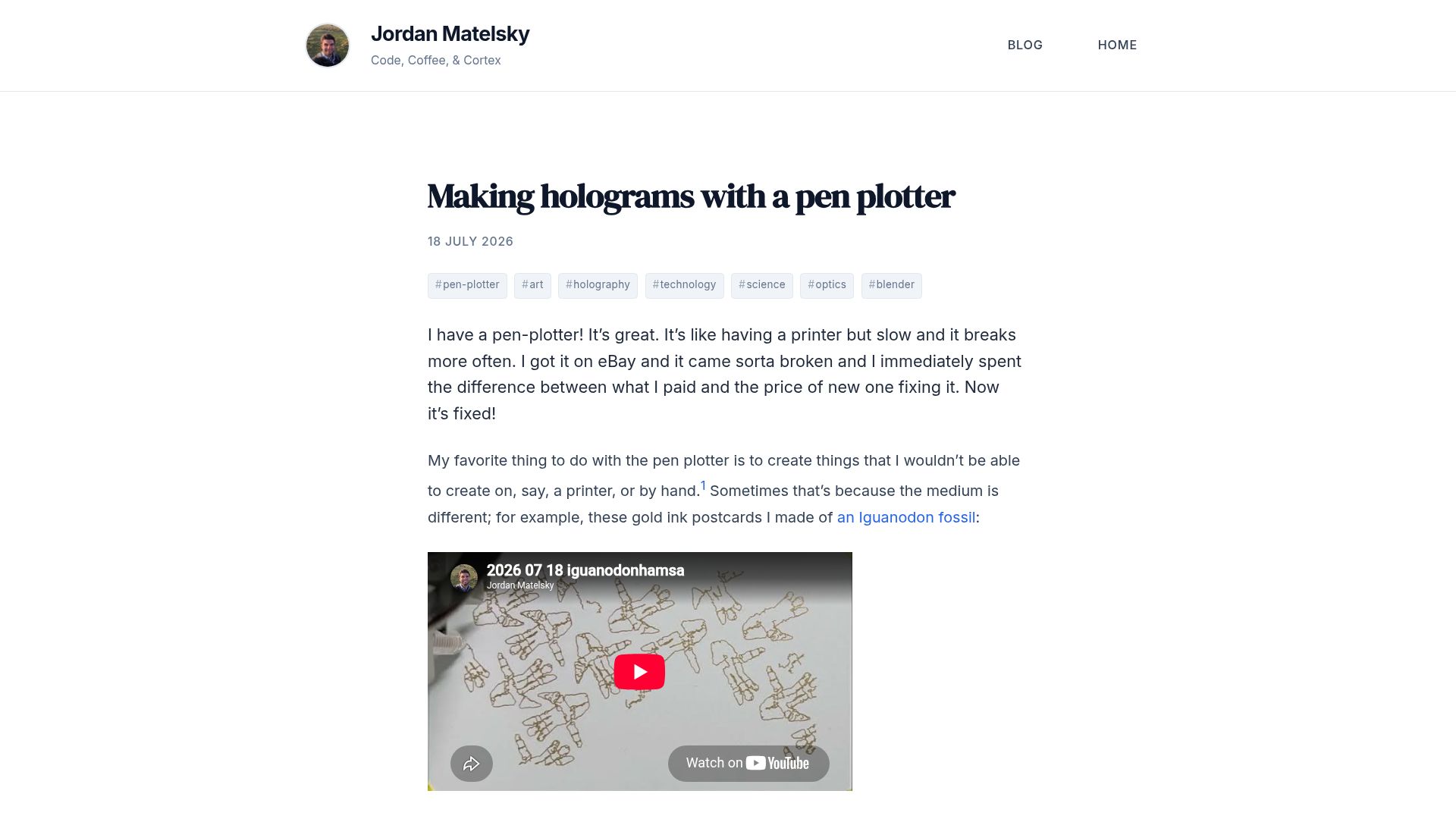 Screenshot of blog.jordan.matelsky.com: Making holograms with a pen plotter