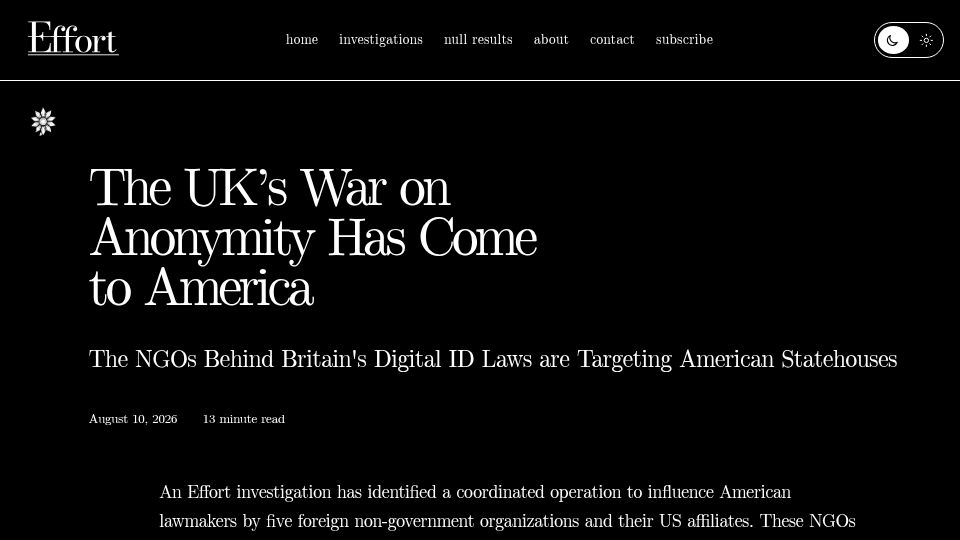 Screenshot of effort.news: The UK's war on anonymity has come to America