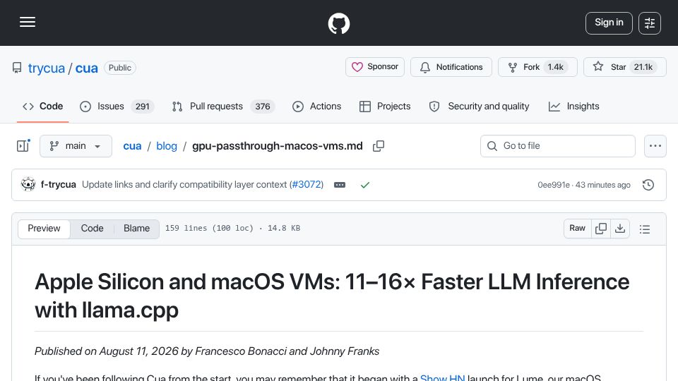 Screenshot of github.com: Apple Silicon and macOS VMs: Faster LLM Inference with llama.cpp