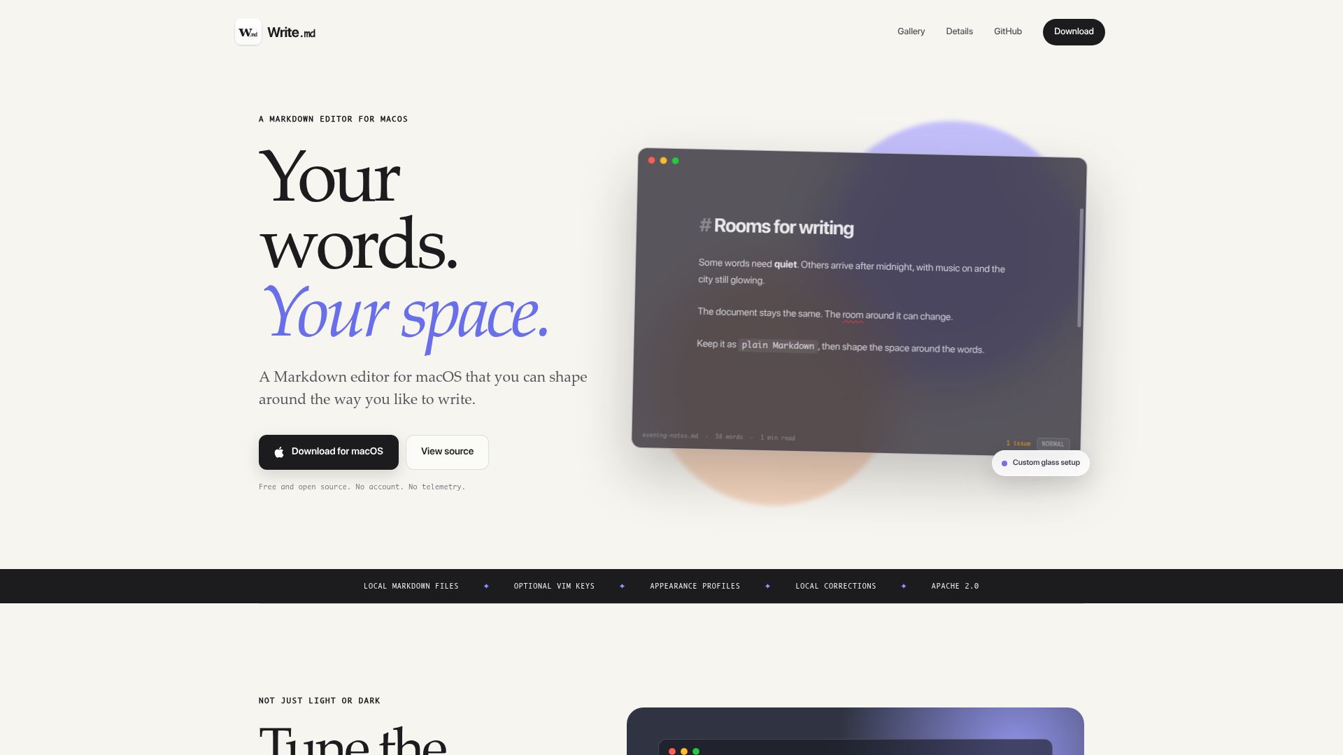 Screenshot of writemd.app: Show HN: Write.md – A free, open-source, themeable Markdown editor for macOS