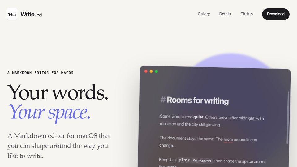 Screenshot of writemd.app: Show HN: Write.md – A free, open-source, themeable Markdown editor for macOS