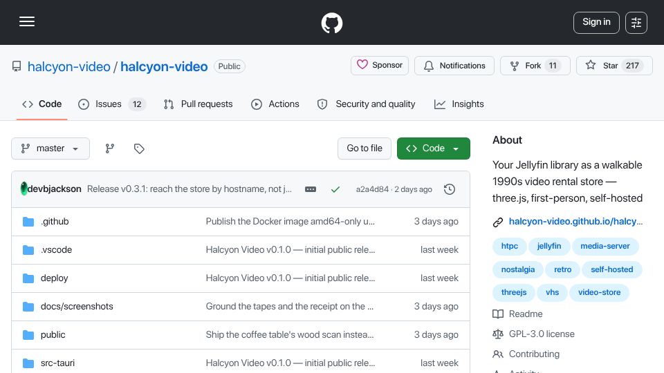 Screenshot of github.com: Halcyon Video – a 3D video store for your media server
