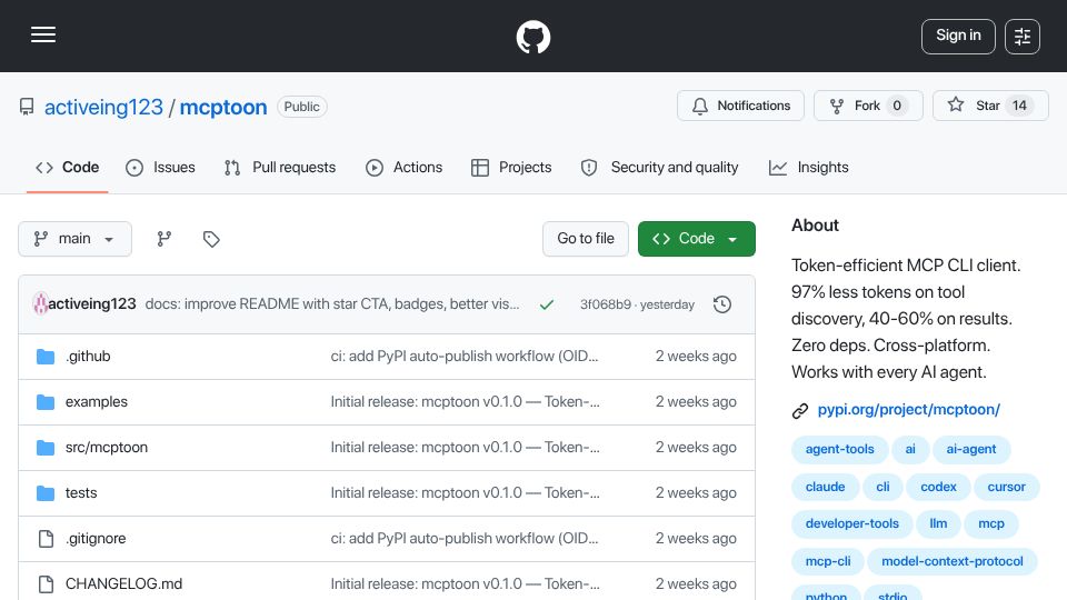 Screenshot of github.com: Show HN: Mcptoon – Token-efficient MCP CLI client