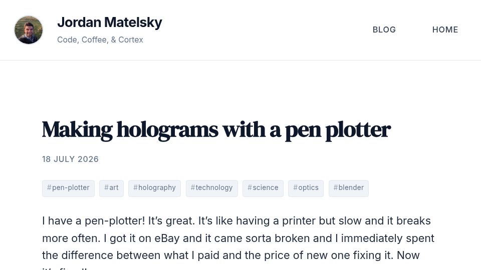 Screenshot of blog.jordan.matelsky.com: Making holograms with a pen plotter