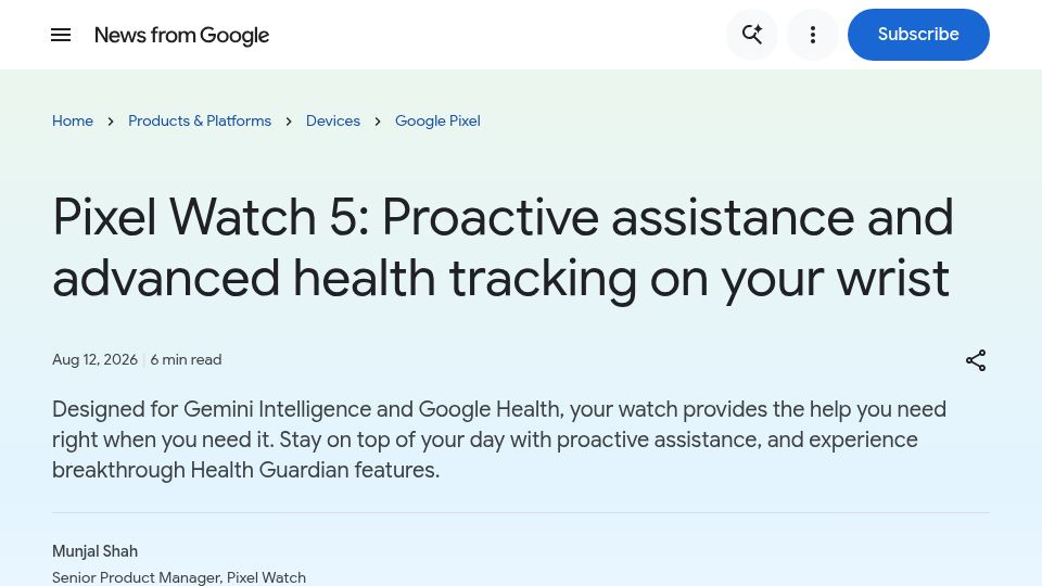 Screenshot of blog.google: Pixel Watch 5
