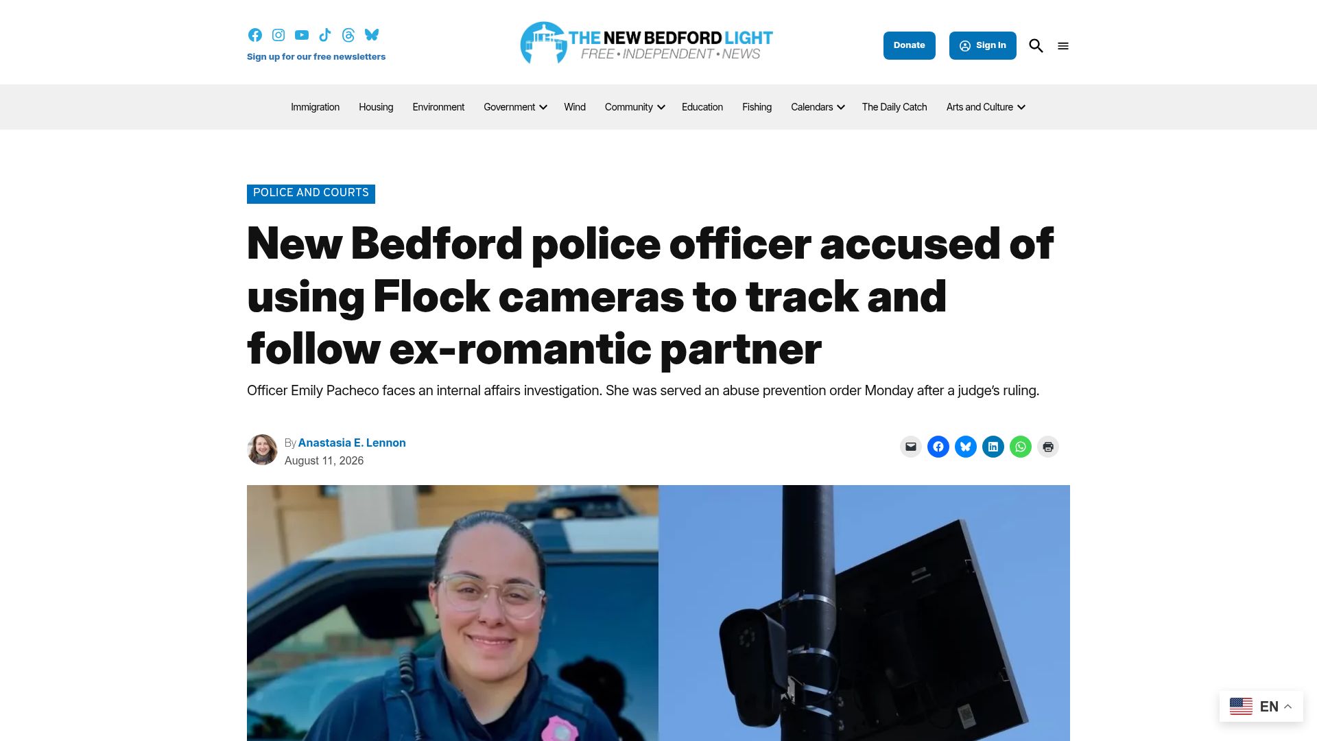 Screenshot of newbedfordlight.org: New Bedford police officer accused of using Flock cameras to track ex-partner