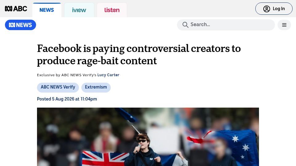 Screenshot of abc.net.au: Controversial creators are benefiting from monetization programs run by Meta