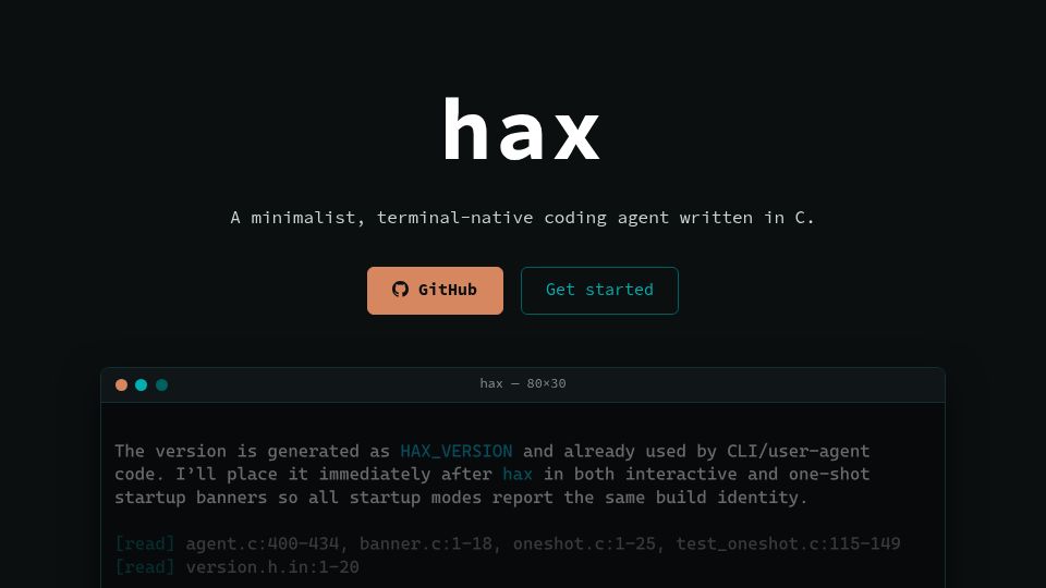 Screenshot of usehax.dev: Hax – a minimalist, terminal-native coding agent written in C