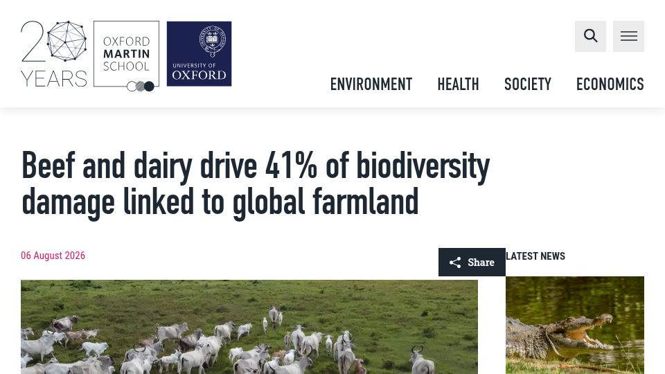 Screenshot of oxfordmartin.ox.ac.uk: Beef and dairy drive 41% of biodiversity damage linked to global farmland
