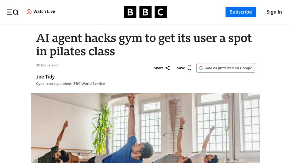 Screenshot of bbc.com: AI agent hacks gym to get its user a spot in pilates class