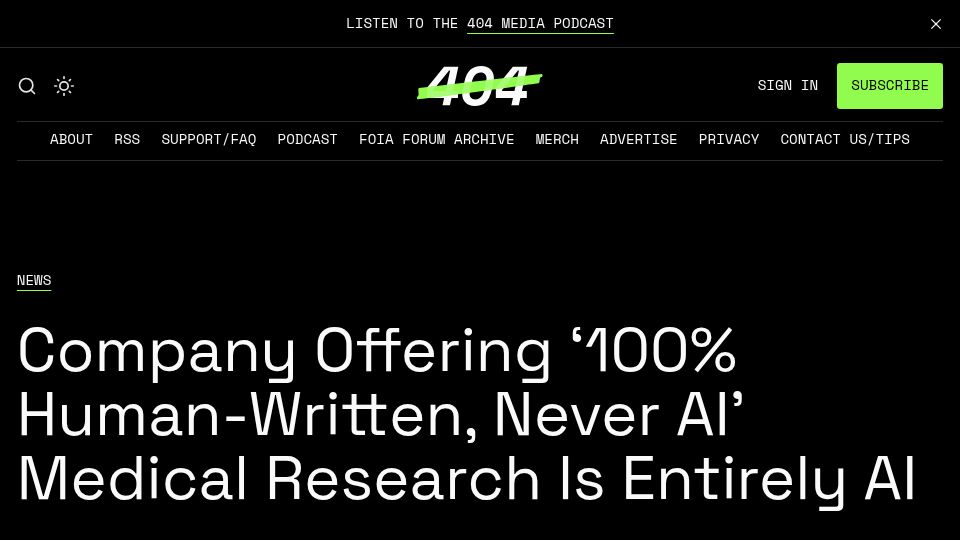 Screenshot of 404media.co: Company Offering '100% Human-Written, Never AI' Medical Research Is 100% AI