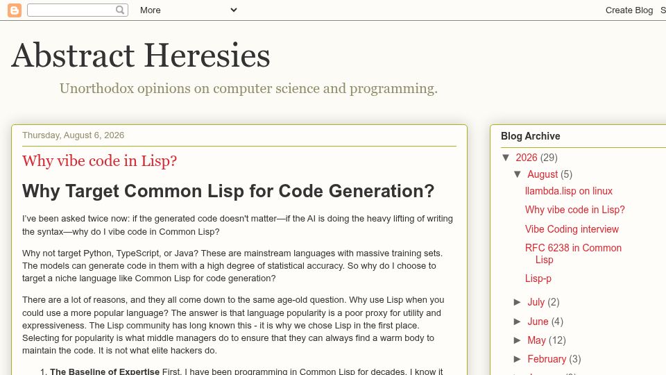 Screenshot of funcall.blogspot.com: Why Target Common Lisp for Code Generation?